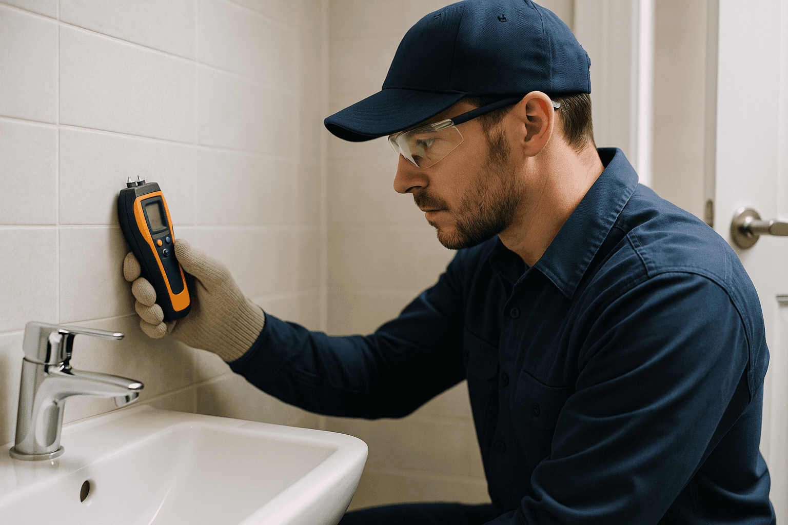 Plumber detecting hidden plumbing leak with moisture meter in bathroom