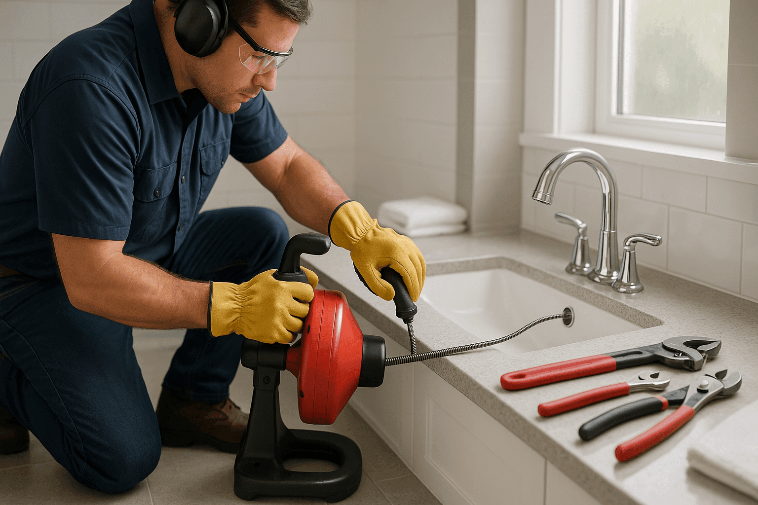 Plomero usando serpiente profesional de drenaje en baño residencial