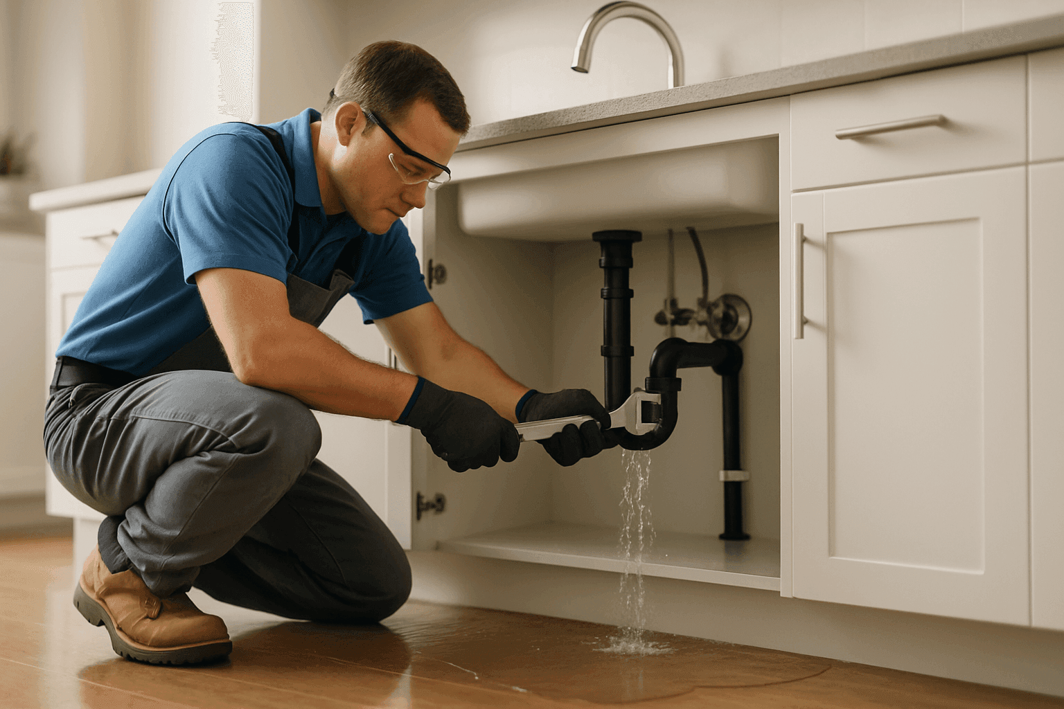 Plumber using wrench to fix burst pipe under kitchen sink
