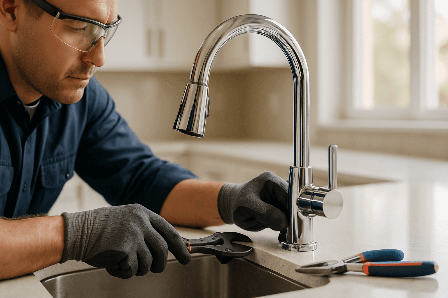Plumber installing modern kitchen faucet with tools