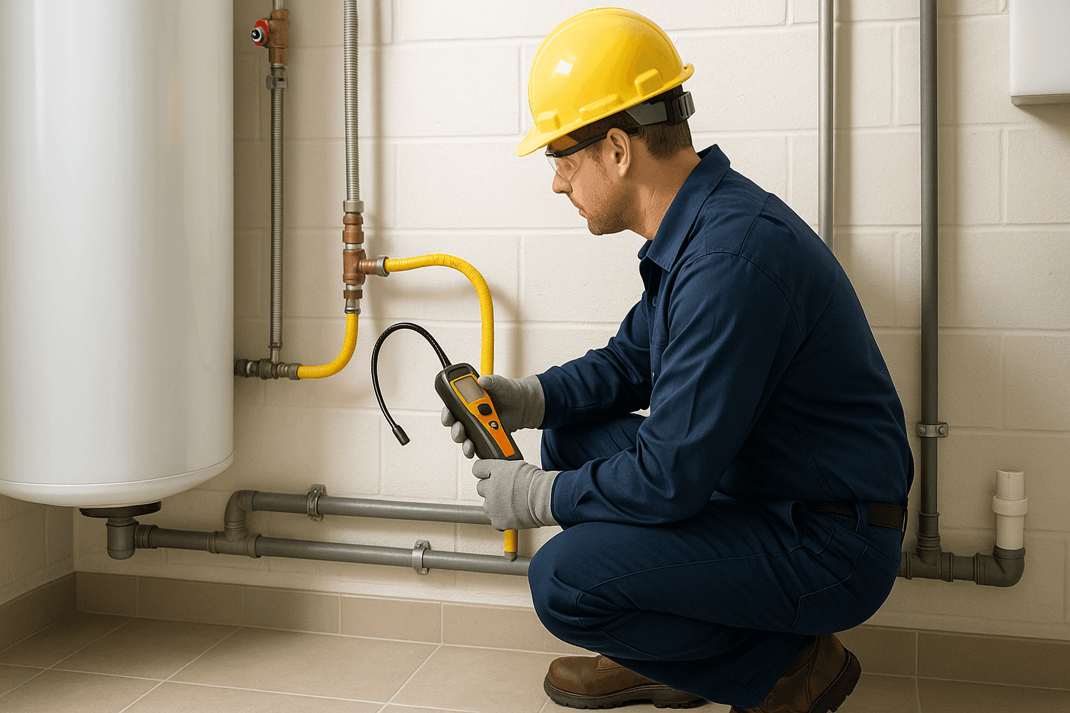 Técnico probando una línea de gas en busca de fugas con detector manual