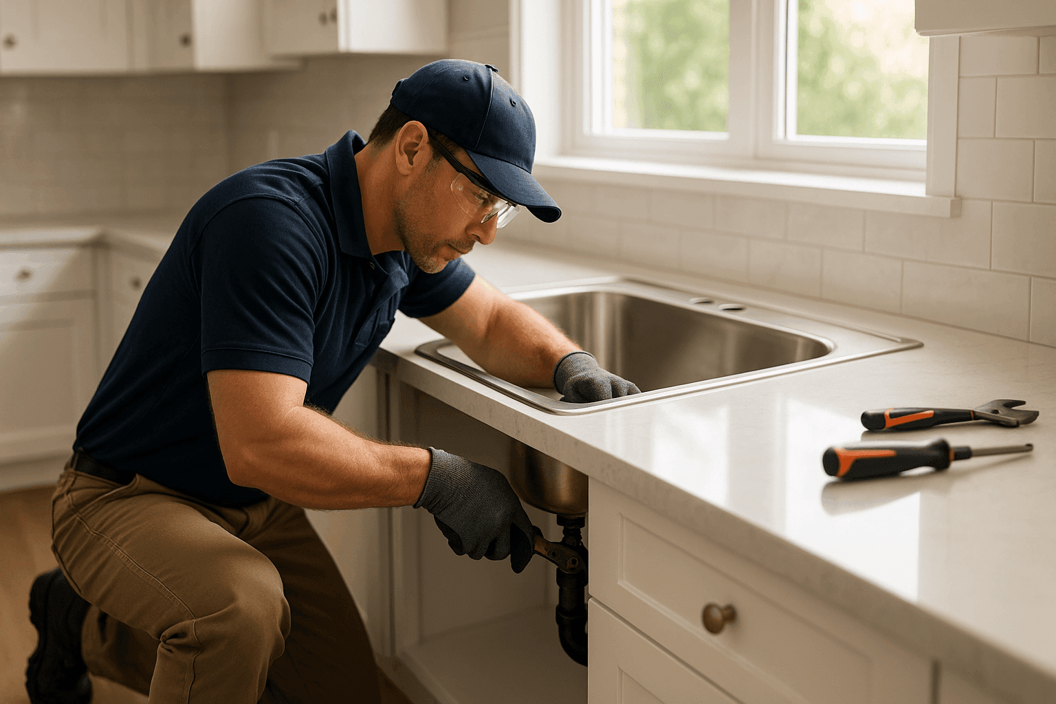 Plomero instalando un nuevo fregadero de acero inoxidable en la cocina