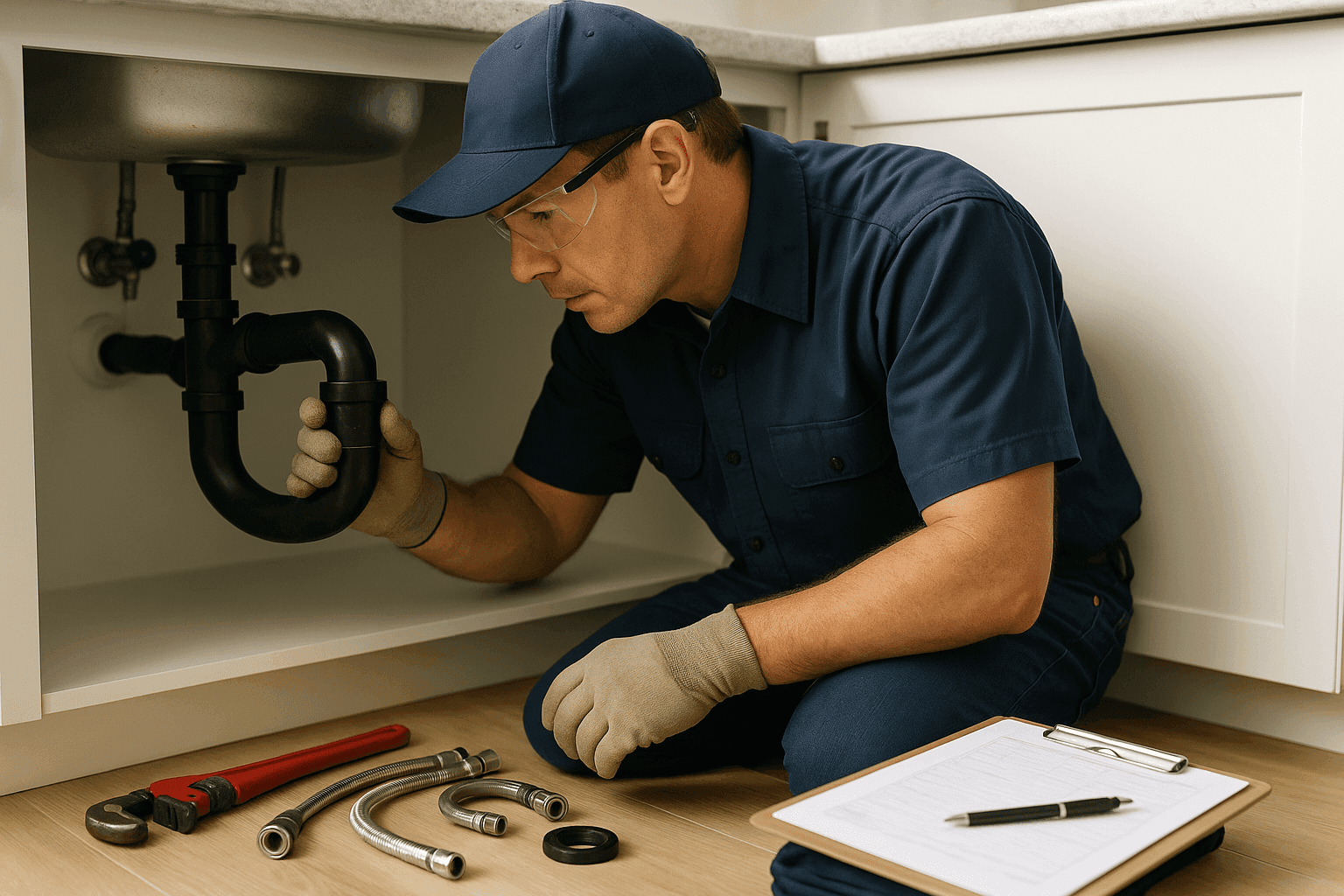 Plumber performing routine plumbing maintenance under kitchen sink