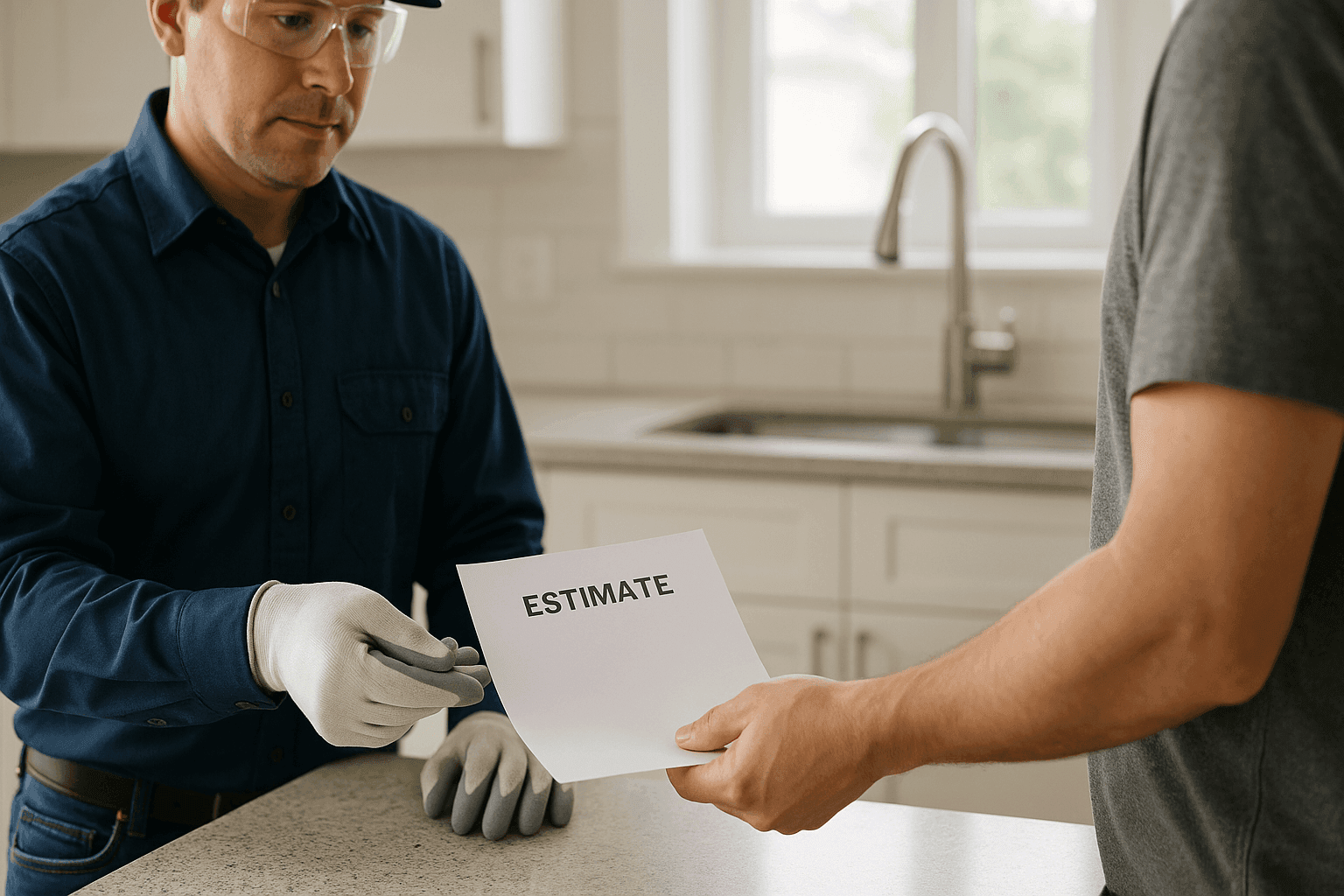 Plomero entregando presupuesto escrito a propietario en la cocina