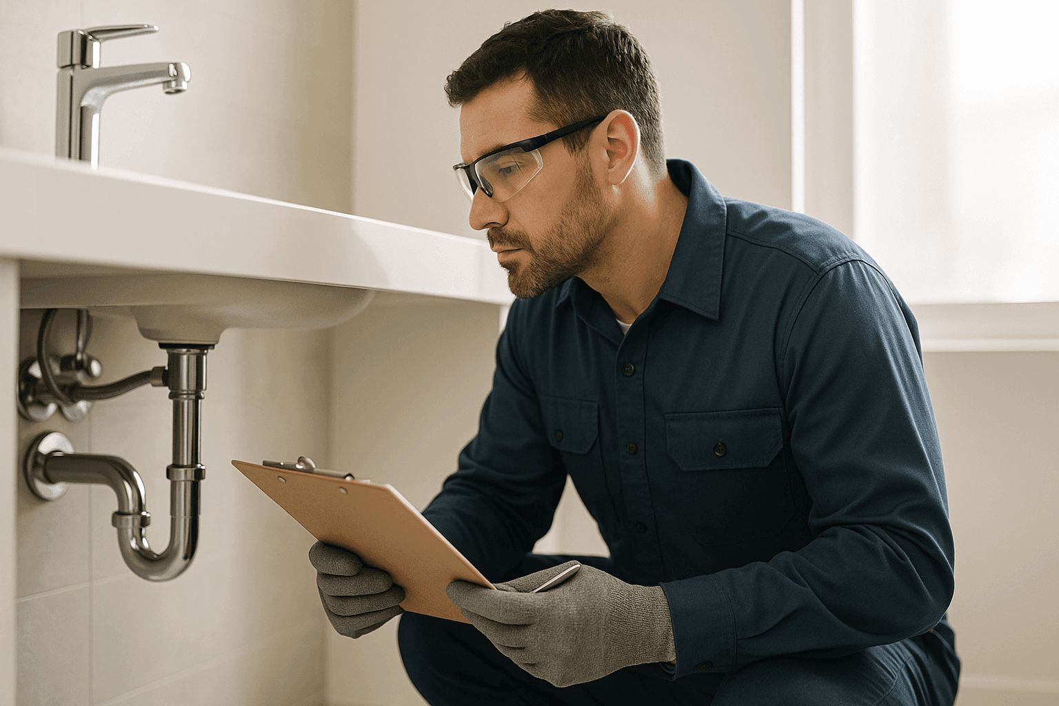 Plumber performing routine inspection on bathroom pipes