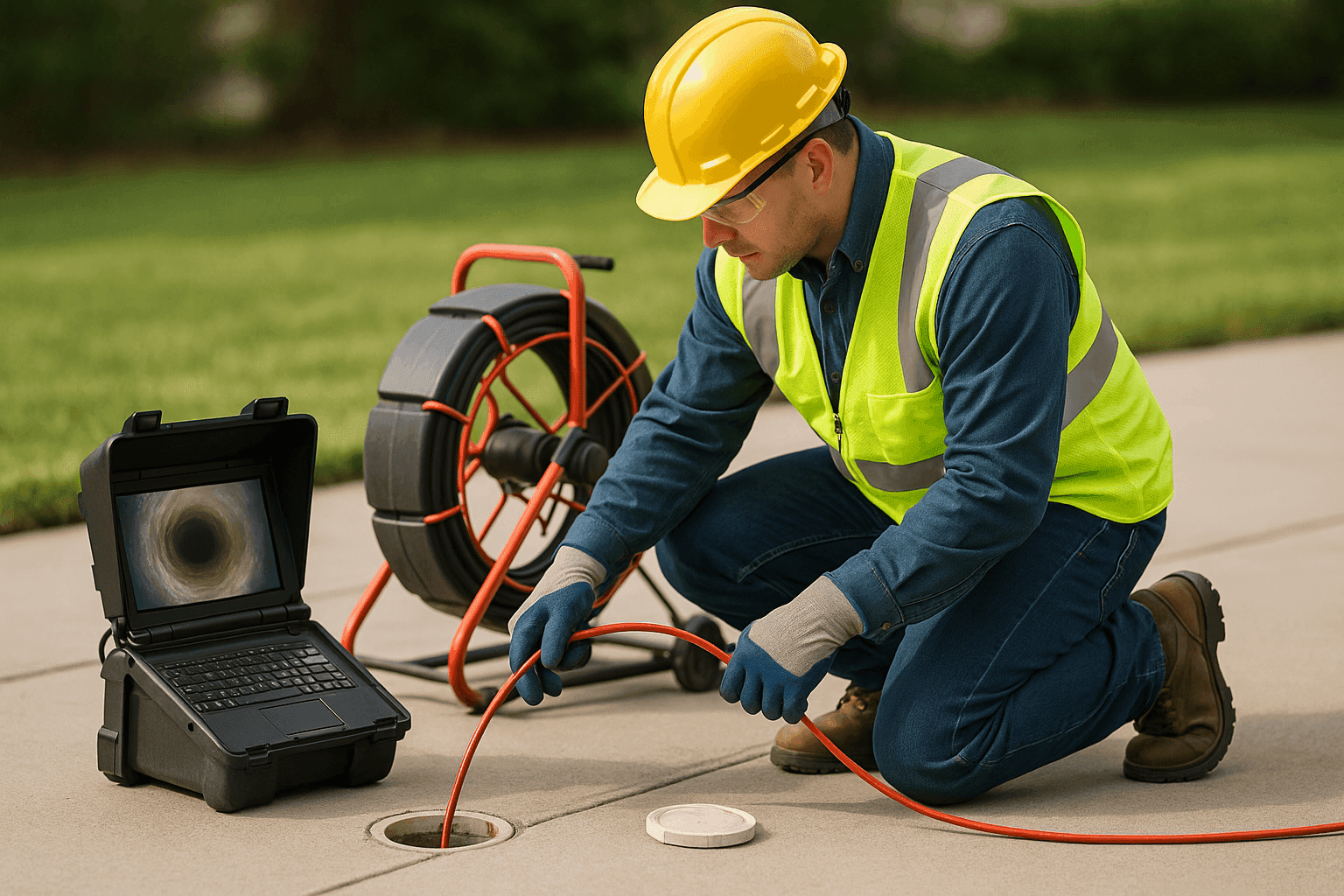 Plomero operando equipo de cámara de inspección de alcantarillado en el lugar de trabajo