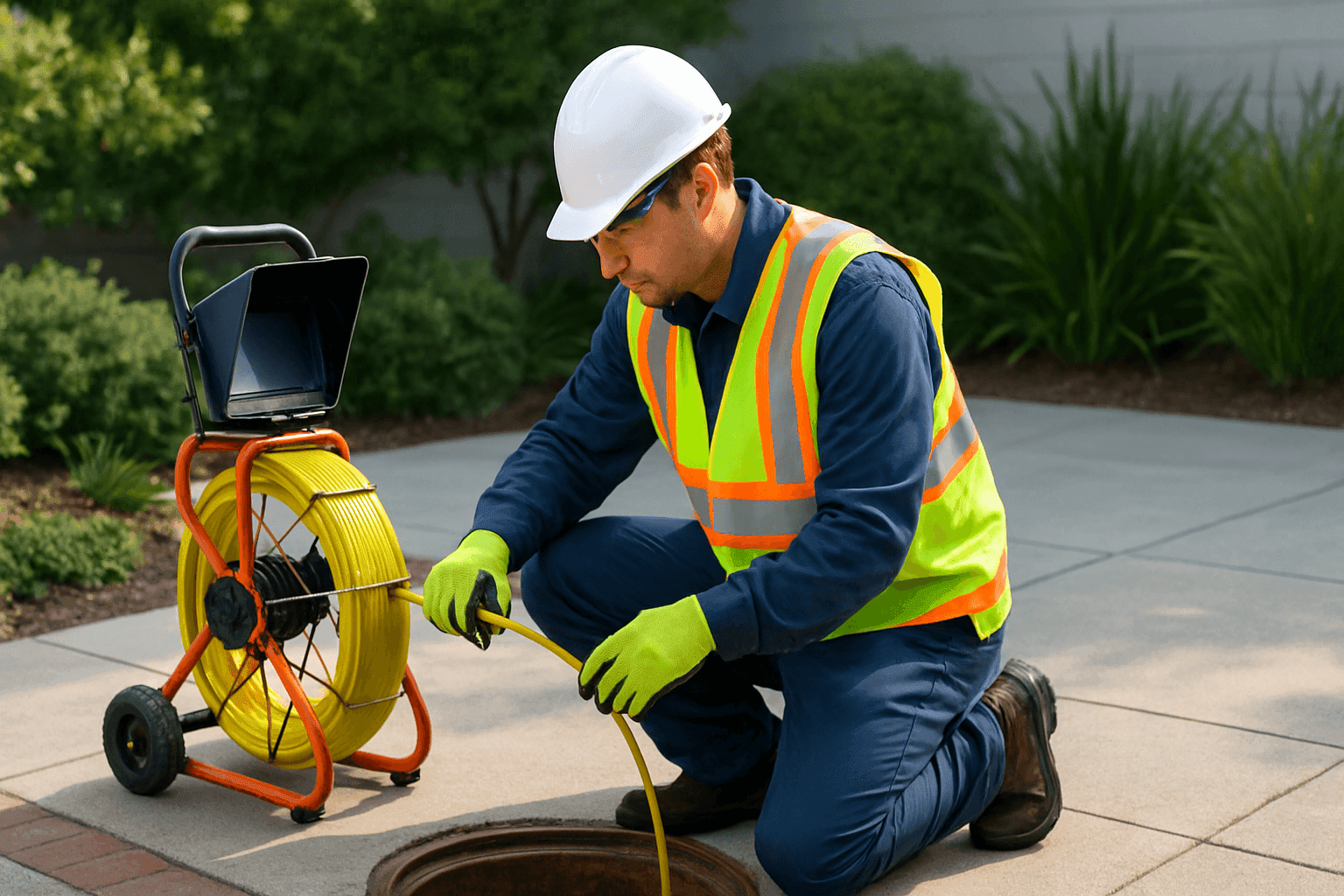 Plomero usando cámara de alcantarillado para inspección de tuberías al aire libre