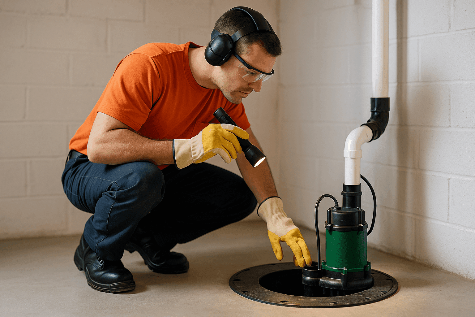 Plumber inspecting sump pump in basement with flashlight