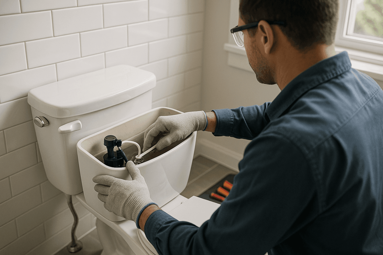 Plomero reparando el tanque de un inodoro en un baño residencial