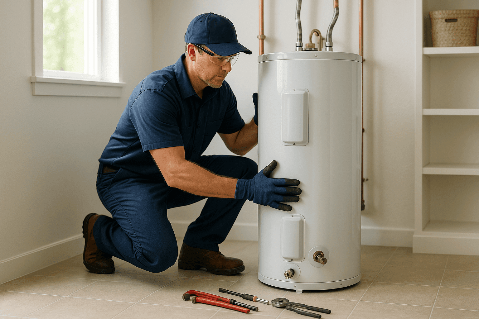 Plumber installing new water heater tank in utility room